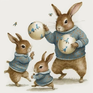watercolour brown daddy Bunny wearing a blue sweater playing football with two baby bunnies wearing blue jackets by Angela Barrett, big shiny eyes, smilling, expressive faces, fathers day, detailed, clipart, dreamy, delicate, colorful, Watercolor paint, w