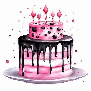 Watercolor pink and black birthday cake drawing, illustration clipart, high detailed, white background, digital art