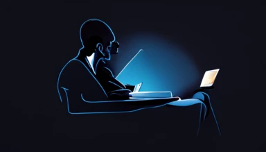 man sitting at mac laptop, side view, trailing light, dark background, clipart, vector