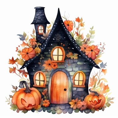 Halloween theme, Watercolor illustration of a cute adorable halloween crocheted fairy house, dark black and orange background, pumpkin, bat, flowers, Florals, Cath Kidston, Emma Bridgwater, rose patterns, pastel colors, stripes. Embellishments like glitter, sparkles, polka dots, png,clipart,isolated on white background, highly detailed, white background for removing background - - no text shadow font watermark