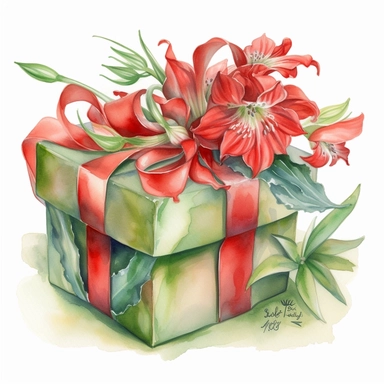 watercolour illustration,insanely beautiful red gift wrapped with floral motifs, in the style of beatrice potter and jody Bergsma, silk vibrant green bow,32k uhd, hand-painted details, pastoral pale illustrations, amazing colour combinations with beige green and lilac, aquarellist, hd , white background clipart ,-- no watermark--ar 27:37