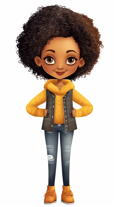 Meet a heartwarming clipart character celebrating the individuality and beauty of a little Black girl. This adorable illustration showcases her unique features, including her textured hair, expressive facial expression, and stylish outfit. The clipart style adds a touch of whimsy and joy to the image, making it perfect for various creative projects such as crafts, invitations, and digital designs. The character is placed against a clean white background, allowing for effortless placement and cus