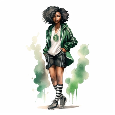 watercolor, black woman dressed up in harry potter slytherin clothing, green and black tennis shoes, style of james jean white background, clipart