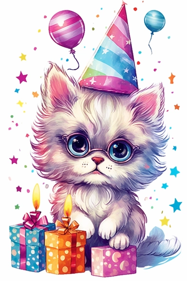 happy birthday party clipart for card print, cute ragdoll kitten with glasses illustration, hallmark 1950s style png vector isolated on white background