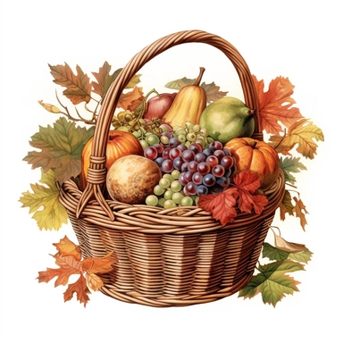high detailed realistic illustration of a autumn basket, vintage clipart, white background
