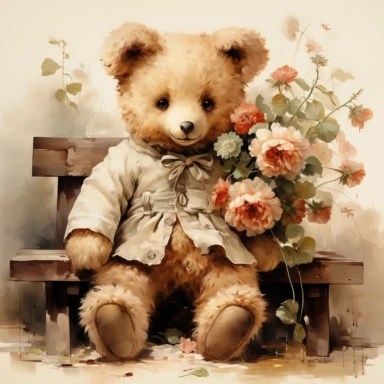 victorian vintage adorable little teddy with banquette and wild flowers, full body, pastel beige colors, clipart style, accurate details, watercolor technique, super high quality, professional watercolor clipart, high resolution