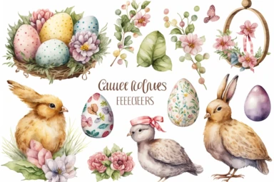 easter items clipart set isolated on white. Watercolor easter concept illustration set. Easter themed design on a white background, watercolor, hyperrealism, high detail, separate elements, set
