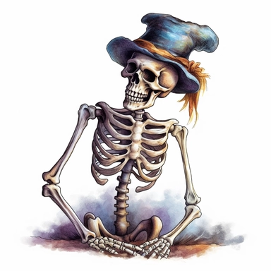mystical cartoon scary watecolor halloween skeleton clipart, hd 4k, detailed, focused, isolated on white background
