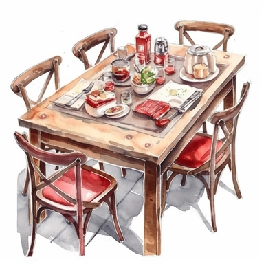 watercolor, hyper realistic, white background, white margins, 16k, ultra detailed clipart, cut out image, hand-drawn illustration style for picture books dining table in a bistro, warm red accents