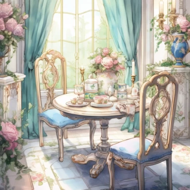 Make a clipart of a fairytale watercolor french country kitchen table, rococo, with bright pastel colors of blues and green, pink roses, gold accents, black outlines, hd, white background