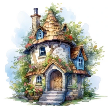 a detailed watercolor fairy house clipart, where each brushstroke captures the essence of a magical home that sparks the imagination and invites storytelling, different lights and forms, fantasy style, magical world, 8k, fantasy style, white background