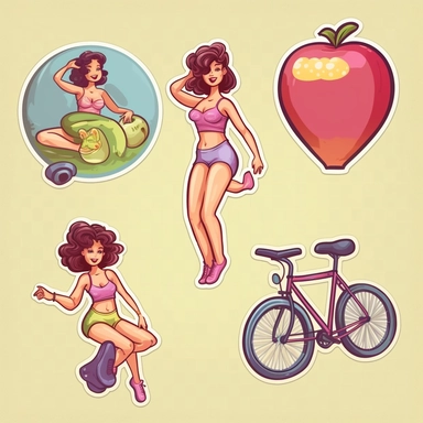 5 clipart in a cute fun style retro stickers themed around fitness