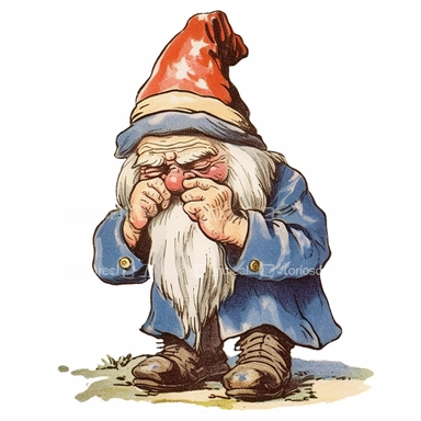 Vintage 1920 portrait view of a vintage Gnome looking crying Illustration, Chromolithograph, 1920s Illustration, Vintage, Chromolithograph, Colorful, Antique, Ephemera, Clipart, 8k, Isolated on white