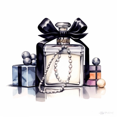 2d illustration, clipart, chanel purse with a string of pearls and perfume gift set, 4k , white background