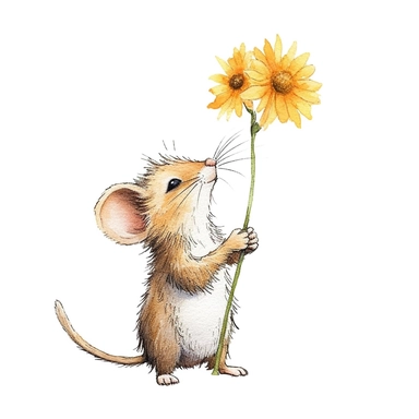 a cute mouse sniffing big daisy flower, full body, pencil and watercolor clipart style, cartoon style, super high quality, high resolution, isolated white background, 8k