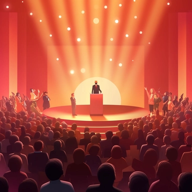 corporate clip art style background animation podium on a stage with a crowd below listening