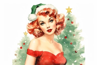 1950s christmas Pin Up Girl red green watercolor Clipart