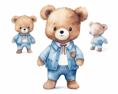 Super cute little teddy bear three months old character dressed in a blue shirt , blushing, by Brigette Barrager, Watercolor clipart in the style of nursery art children book character, character sheet, different angles and emotions, hand drawn, white background