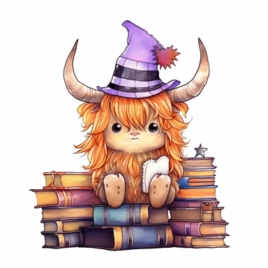 Halloween, cute little kawaii highland cow wearing witch hat, sitting near old magic books, isolated on a white background watercolor, unique, intricate detail , style by Lucy Fleming, watercolor, smooth gradients, black contour outline, ultra detailed, clipart elements, delicate pastel colors, solid white background, super clear, high quality