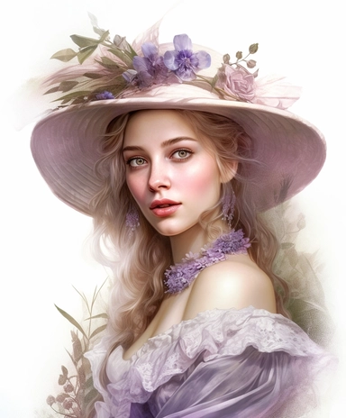 light watercolor masterpiece portrait of a beautiful and feminine woman in royal hat tailed with ribbons, decorated with lavender petals and leaves and jewelry, lace and chiffon, a lot of lavender, provence, masterpiece by Vladimir Kush style and by Daniel Ridgway Knight style and by Andrew Wyeth style, rococo fashion, PNG clipart, isolated on white, extreme photorealistic details, 32k HD resolution, realistic high detailization high resolution