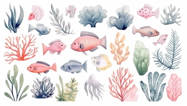 Watercolor clipart seabed pastel colors, with coral, algae, tropical fish, minimalist style on white background
