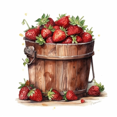 wooden bucket full of strawberries, detailed, watercolor, clipart, white background