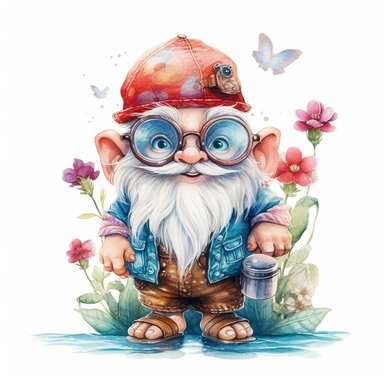 gnome summer smile and cute big eyes wear big glasses full body , sea trip summer , cute funny laugh detailed digital art, whimsical and cute, cute detailed artwork, glimmering, adorable and whimsical, whimsical art, watercolor Clipart style