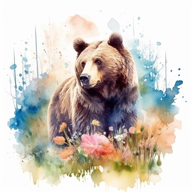 detailed watercolor clipart, photography style, beautiful bear, in a meadow, HDR, spring floral,self shadow, white background