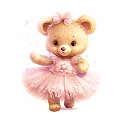 Adorable cute fantasy Teddy bear dressed like a Romantic ballerina, wearing pink tutu, nursery art, clipart image, lineart image, white background, very detailed, 8k
