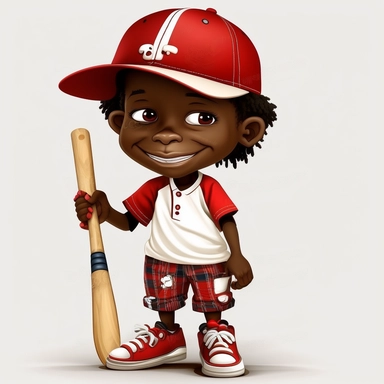 Cute five year old, little black boy, clip, art, cartoon character, red and white baseball, pants and shirt, baseball cap, happy, white background, red and white colors, smiling, baseball bat, and glove Full body and photo