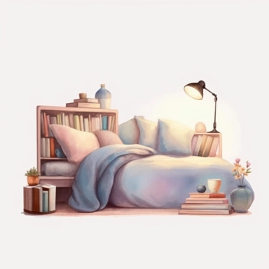 pastel watercolor clipart, cozy bed, bookshelves, and a warm reading lamp, light aesthetic, detailed, UHD, 8K, 3D, solid white background