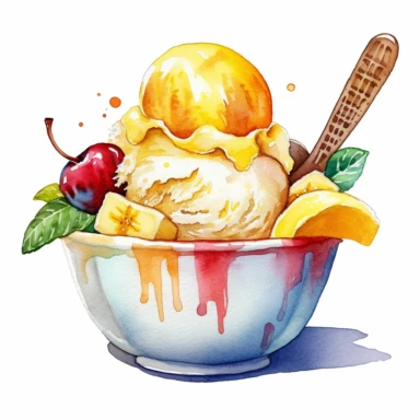 One banana ice cream bowl Watercolor Clipart On a white background , detailed background elements, playful and colorful depictions , no watermark, text, words, paintbrush, typography, the images do not stick together On a white background , in the style of jane newland, detailed background elements, playful and colorful depictions , no watermark, text, words, paintbrush, typography, the images do not stick together,