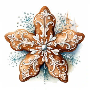 A isolated watercolor clipart, Christmas hand made gingerbread, snowflakes,white background, Art Nouveau, highly detailed,