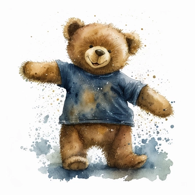 Watercolor brown fluffy jointed plain Teddy Bear clipart, wearing a navy blue t-shirt, happy, white back ground, no captions or text