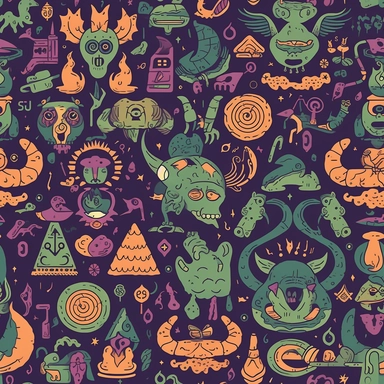 Comical Occult Creatures: Design a pattern that showcases the lighter side of satanic creatures and symbols using a humorous clipart style. Focus on capturing the amusing characteristics of characters like Baphomet wearing a party hat, a skateboarding demon, or a vampire sipping a cocktail. Employ a diverse range of colors, from dark, moody shades to vibrant, eye-catching hues, to create a visually captivating and entertaining composition.