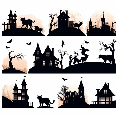 Set of silhouettes of Halloween ghost shadow shadow castle shadow black cat shadow witch shadow graveyard on a white background. Vector illustration background png full-body realistic cartoon in 32K UHD cute. 15 cm thick outline. Black color. There was no shadow on the ground. 8k with realistic watercolors and detailed illustrations. PNG clipart, transparent white background