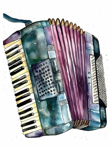 Accordion Watercolor clipart with white background, cute and adorable, flat design, clearly defined separated image, high quality
