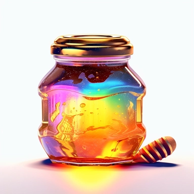 A clipart of a glass jar filled with golden honey, complete with a label and a wooden dipper sticking out, white background, holographic, futuristic, transparent details, chromatic aberration, colorized, diffraction grading , 4k, 8k, highly detailed, neon