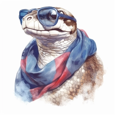 Anaconda, wears American flag scarf and sunglasses, medium shot, low angle, watercolor style, realistic animal illustrations, 2d game art, quadratura, clipart, on white background,