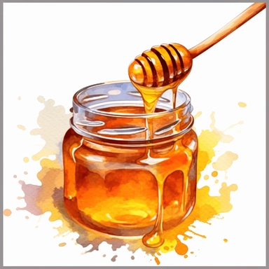 watercolor, A jar of golden honey with a honey dipper placed delicately on the side, showcasing the richness of the honey. (Digital drawing clipart, image black border color, full body, flat texture, transparent background)