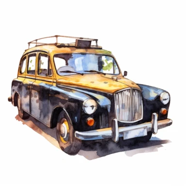 a United Kingdom Black Cab in the style of watercolour clipart with detailed brush strokes