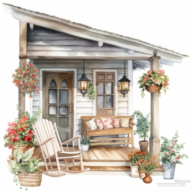 Watercolour clipart of a cozy and inviting cottage porch in the summertime, perfect for sipping lemonade and enjoying the warm weather. white background, The cottage is adorned with blooming flowers, hanging baskets, and charming decor, all painted in soft and warm hues to give a truly cozy and welcoming feeling. The porch has a comfortable seating area, complete with a rocking chair and fluffy cushions, as well as a cute little table to hold a vase of freshly picked flowers, png, 8k