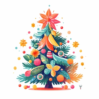 decorated Christmas tree in tropical style serene feeling flat illustration clipart white background