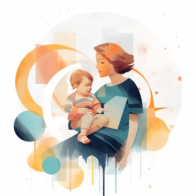 abstract style clipart, mom and 2 year old son, white background