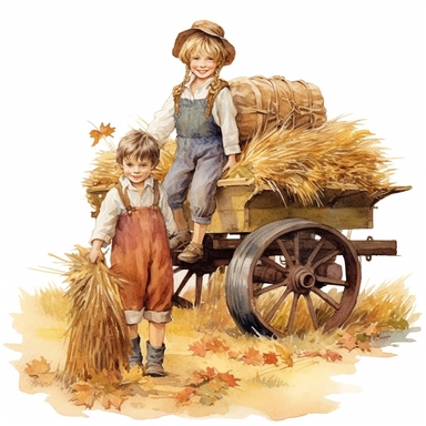 a wagon full of bales of hay with a boy and girl playing on it, on an autumn day, autumn colors on a white background, clipart, vintage style--q2--v5.1--s1000