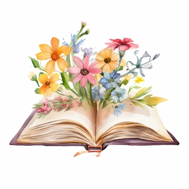 an open book with a boquet of flowers growing from the middle, watercolor, clipart, white background
