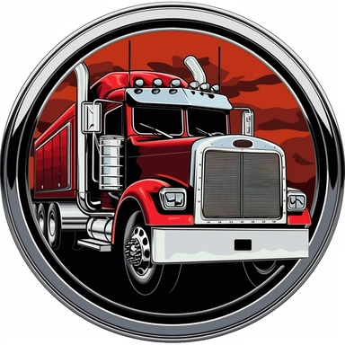 big red and chrome semi-truck inside a circle in the style of clipart