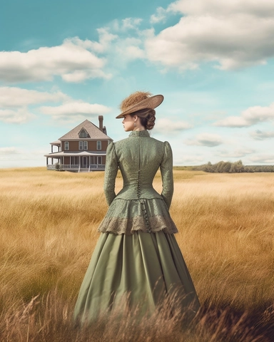 detailed beautiful lady , dressed in a sage victorian vintage dress on a big open farm, wide angle, long shot, with a house far from her as her background, hyper realistic, 8k, isolated on white backgorund, clipart