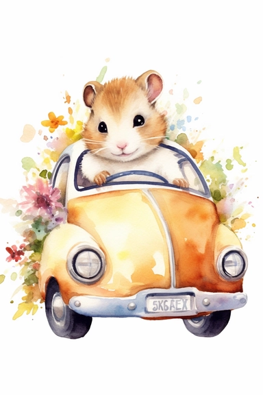 Create a watercolor clipart picture of a hamster driving a car, white background. The hamster should have a cute and happy expression, with its fur depicted in soft watercolor textures. Surround the hamster with small flowers and greenery, adding a whimsical touch to the scene.