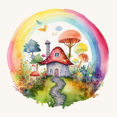 rainbow fantasy watercolour mushroom house in nature scene, inside a circle border, white background, clipart